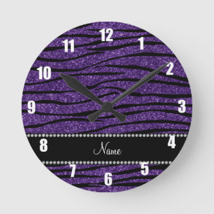 Personalize name purple glitter zebra stripes runde wanduhr