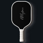 Personalize Name, White Script, Vertical on Black Pickleball Schläger<br><div class="desc">Personalize your name vertically In white script text on black background.</div>