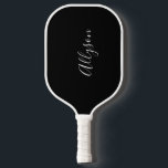 Personalize Name, White Script, Vertical on Black Pickleball Schläger<br><div class="desc">Personalize your name vertically In white script text on black background.</div>