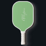 Personalize Name, White Script, Vertical on Sage Pickleball Schläger<br><div class="desc">Personalize your Name vertically In white Script Text on sage background.</div>