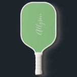 Personalize Name, White Script, Vertical on Sage Pickleball Schläger<br><div class="desc">Personalize your Name vertically In white Script Text on sage background.</div>