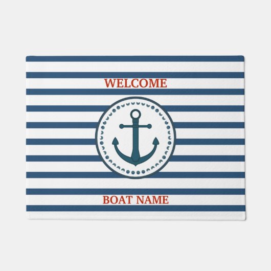 Personalize Nautical Blue Welcome Boat Name Stripe Fußmatte (Vorderseite)