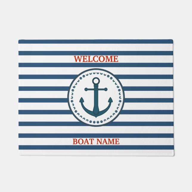 Personalize Nautical Blue Welcome Boat Name Stripe Fußmatte (Vorderseite)
