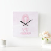 Personalize, Pink First Holy Communion Cross Host Quadratische Wanduhr (Zuhause)