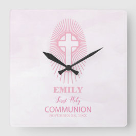 Personalize, Pink First Holy Communion Cross Host Quadratische Wanduhr