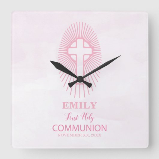 Personalize, Pink First Holy Communion Cross Host Quadratische Wanduhr (Vorderseite)