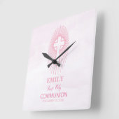 Personalize, Pink First Holy Communion Cross Host Quadratische Wanduhr (Winkel)