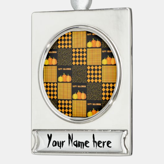 Personalize - Pumpkin Halloween Patchwork Pattern Banner-Ornament Silber (Links)