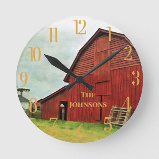 Personalize Rustic Red Barn Scene Runde Wanduhr (Vorderseite)