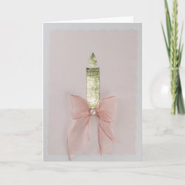 Personalize Shiny gold candle, light pink bow Karte