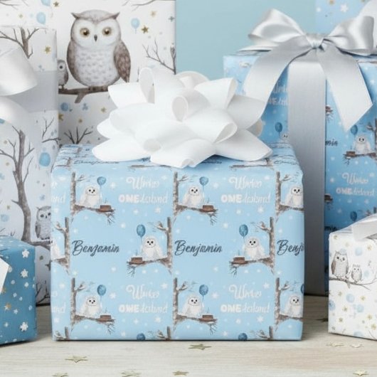Personalize Snowy Owl Winter Onederland Birthday Geschenkpapier