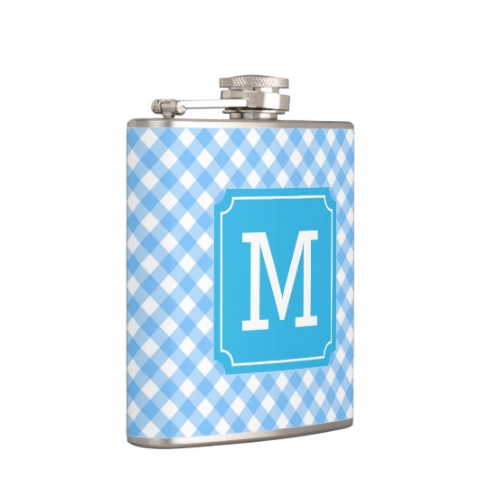 Personalize Stylish Baby Blue Gingham Monogram Flachmann (Rechts)