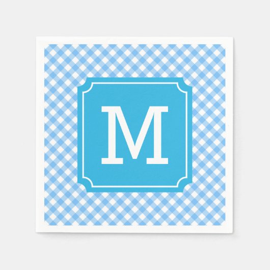 Personalize Stylish Baby Blue Gingham Monogram Serviette (Vorderseite)