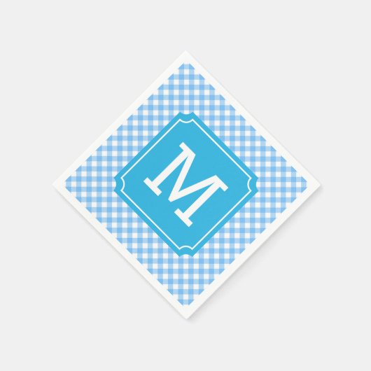 Personalize Stylish Baby Blue Gingham Monogram Serviette (Ecke)