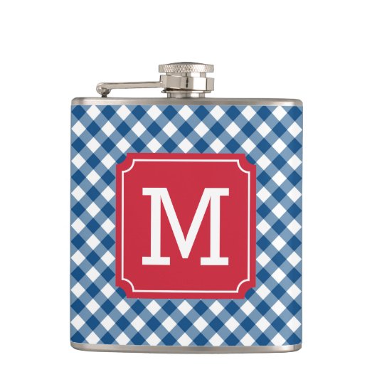 Personalize Stylish Blue Gingham Monogram Flachmann (Vorderseite)