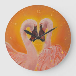 Personalize Two Flamingos Love heart Dance Große Wanduhr