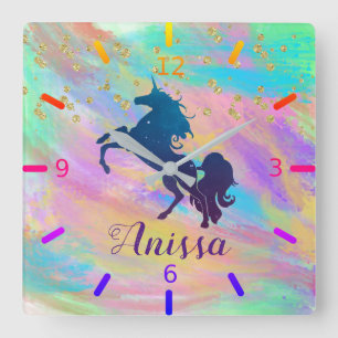 Personalize Your Own Colorful Unicorn Quadratische Wanduhr