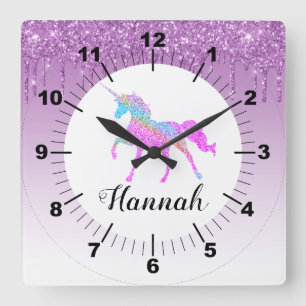 Personalize Your Own Purple Glitter Paper Unicorn Quadratische Wanduhr