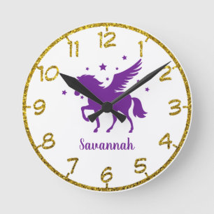 Personalize Your Own  Purple Unicorn Round Clock Runde Wanduhr
