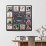 Personalized 12 Photo Collage Frame Chalkboard Quadratische Wanduhr<br><div class="desc">Create your own photo collage wall clock with 12 of your favorite pictures. The photo frame clock helps you treasure your special moments and also makes a thoughtful gift for parents, grandparents and friends. The personalized family clock makes it a perfect gift for all occasions. Personalize with family name and...</div>