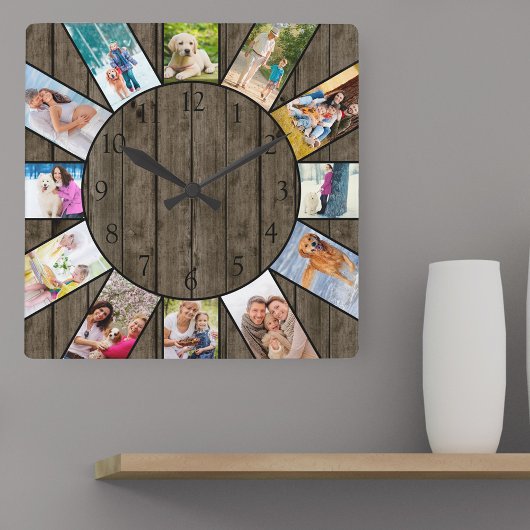 Personalized 12 Photo Collage Rustic Dark Wood Quadratische Wanduhr