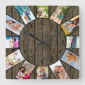 Personalized 12 Photo Collage Rustic Dark Wood Quadratische Wanduhr (Vorderseite)