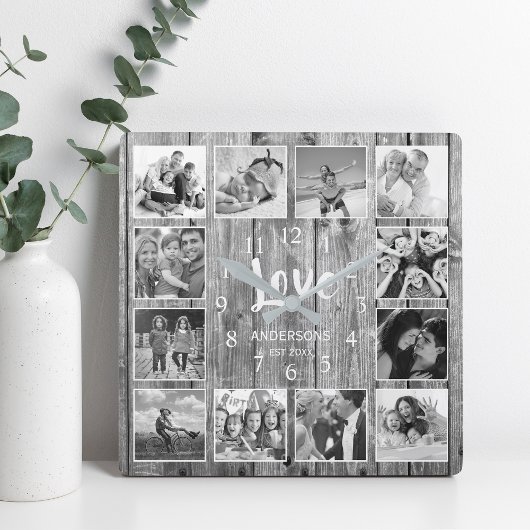 Personalized 12 Photo Collage Rustic Gray Wood Quadratische Wanduhr