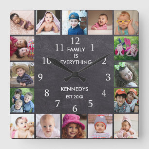 Personalized 16 Photo Collage Frame Chalkboard Quadratische Wanduhr