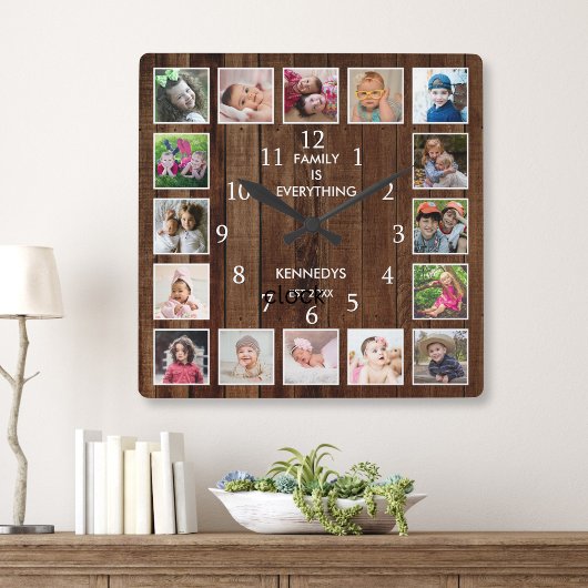 Personalized 16 Photo Collage Quote Dark Wood Quadratische Wanduhr