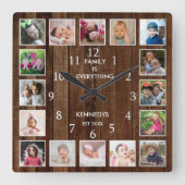 Personalized 16 Photo Collage Quote Dark Wood Quadratische Wanduhr (Vorderseite)