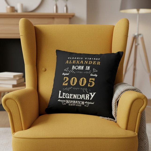 Personalized 21st Birthday Born 2005 Legend Black Kissen (Born 2005 throw pillow on a yellow chair.)