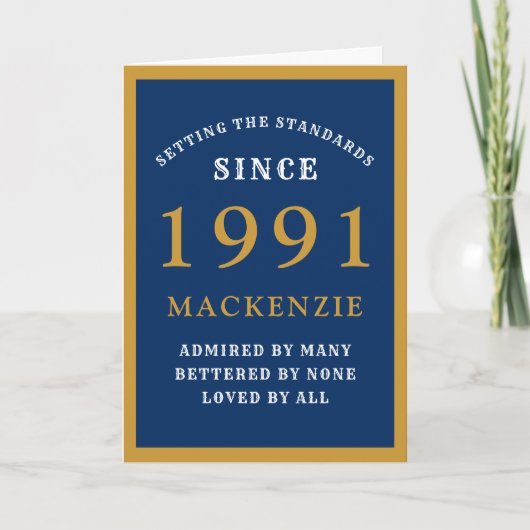Personalized 30th Birthday 1991 Blue Gold Chic Karte (Vorderseite)