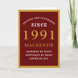 Personalized 30th Birthday 1991 Red Gold Chic Karte<br><div class="desc">30th birthday red and gold birthday card for those special people born in 1991. Easily customize the text to the front and the interior of this birthday card using the template provided. Part of the setting standards range of greeting cards.</div>