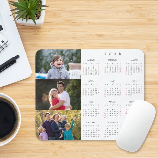 Personalized 3 Photo Collage Family 2026 Calendar Mousepad