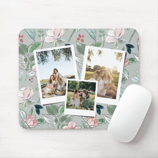Personalized 3 Photo Green Floral Background  Mousepad (Mit Mouse)