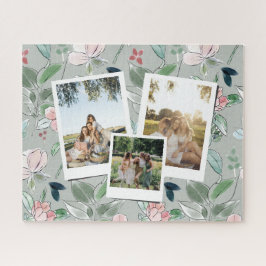 Personalized 3 Photo Green Floral Background Puzzle