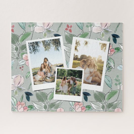 Personalized 3 Photo Green Floral Background Puzzle (Horizontal)