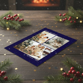 Personalized 4 Family Photo Collage Deep Blue Feiertagskarte