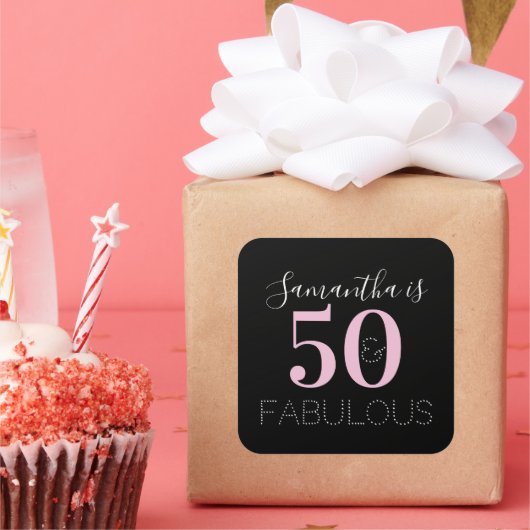 Personalized 50 and fabulous Black Pink Birthday Quadratischer Aufkleber (Party)