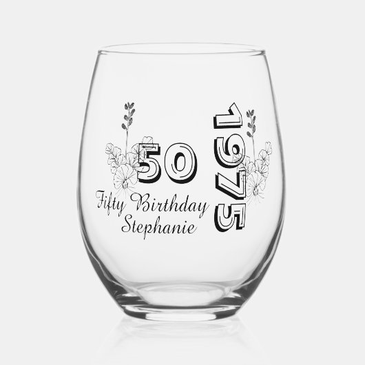 Personalized 50th floral birthday weinglas ohne stiel (Vorderseite)