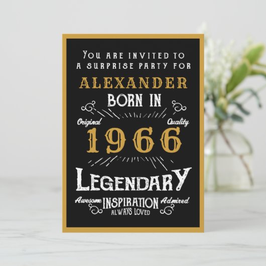 Personalized 60th Birthday 1966 Black Gold Legend Einladung (Stehend Vorderseite)