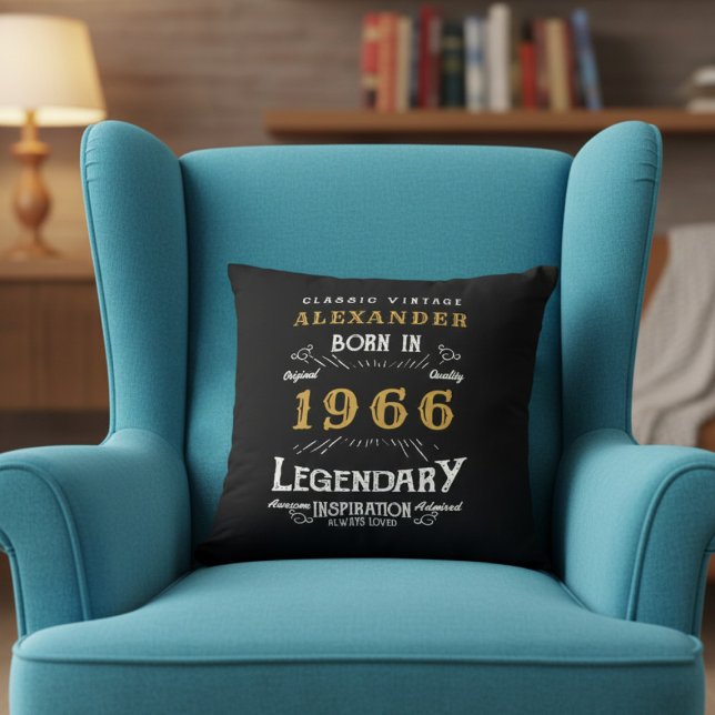 Personalized 60th Birthday Born 1966 Legend Black Kissen (Born 1996 throw pillow in an armchair.)