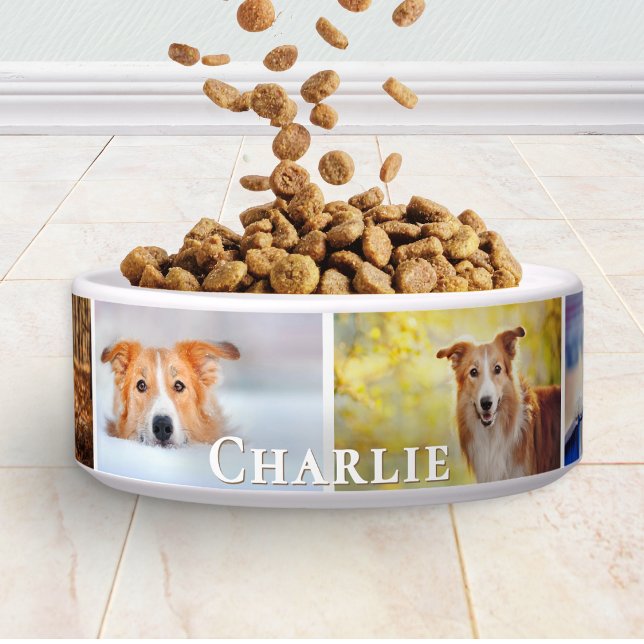 Personalized 6 Photo Pet Name Collage Ceramic Dog Napf (A personalized dog bowl with collage of 6 photos and pet's name in elegant lettering)