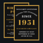 Personalized 70th Birthday 1951 Elegant Black Gold Einladung<br><div class="desc">Für diejenigen, die 1951 geboren waren und ihre 70. Geburtstagsparty feiern, haben wir die ideale Geburtstagskarte. Der schwarze Hintergrund mit weißem und goldenem Design ist einfach und dennoch elegant. Passen Sie den Text einfach an die Vorderseite und die Rückseite dieser Geburtstagskarte mit der Vorlage an. Teil des Standardprogramms für Kartenmaterial,...</div>
