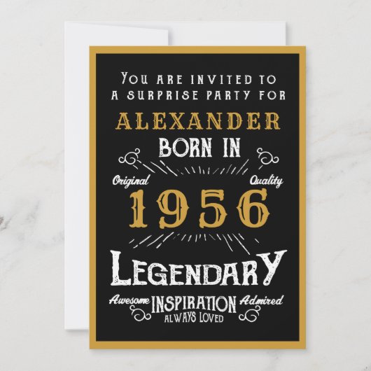 Personalized 70th Birthday 1956 Black Gold Legend Einladung (Vorderseite)