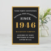 Personalized 80th Birthday 1946 Elegant Black Gold Einladung (Stehend Vorderseite)