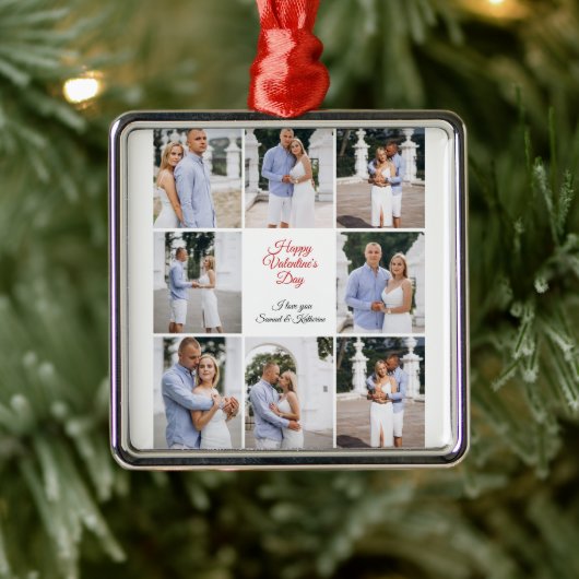 Personalized 8 Photo Collage Valentine's Day Metal Ornament Aus Metall (Baum)