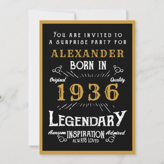 Personalized 90th Birthday 1936 Black Gold Legend Einladung (Vorderseite)