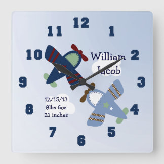 Personalized Adorable Airplanes Nursery Clock Quadratische Wanduhr