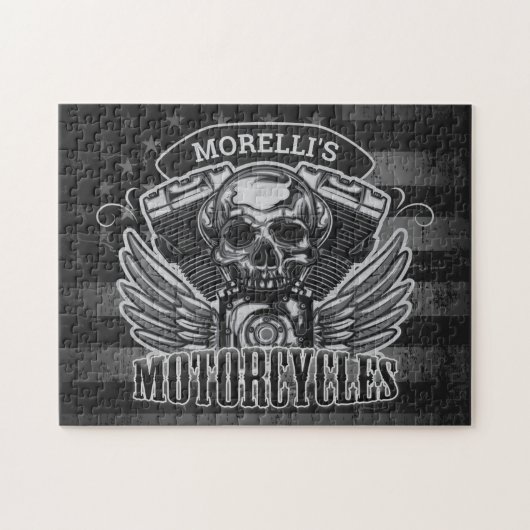 Personalized American Flag Biker Skull Motorcycle Puzzle (Horizontal)